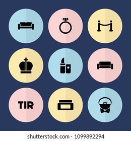 Set of 9 luxury filled icons such as sofa, cream box, bag, red carpet, crown, lipstick, ring