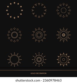 Set of 9 Luxury ornamental element design and frame gold color on black background. Design template for wallpaper. Isolated ornament. Vector Illustration.	
