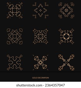 Set of 9 Luxury ornamental element design and frame gold color on black background. Design template for wallpaper. Isolated ornament. Vector Illustration.	