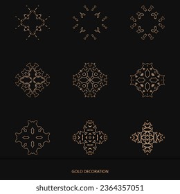 Set of 9 Luxury ornamental element design and frame gold color on black background. Design template for wallpaper. Isolated ornament. Vector Illustration.	