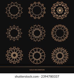 El conjunto 9 de lujo de elementos ornamentales diseño color dorado sobre fondo negro. Plantilla de diseño para fondo de pantalla. Ornamento aislado. Ilustración vectorial.	