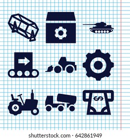 Set of 9 machine filled icons such as tractor, lottery, atm money withdraw, gear, excavator, concrete mixer, gear    sign symb, conveyor