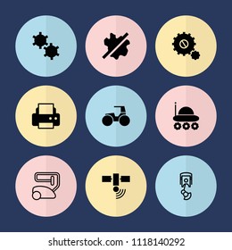 Set of 9 machine filled and outline icons such as no wash, printer, vacuum cleaner, tractor, robot arm, gear