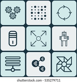 Set Of 9 Machine Learning Icons. Includes Laptop Ventilator, Branching Program, Algorithm Illustration And Other Symbols. Beautiful Design Elements.