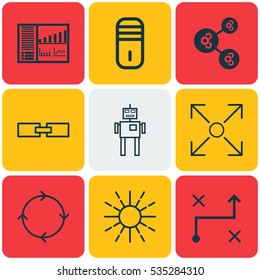 Set Of 9 Machine Learning Icons. Includes Algorithm Illustration, Cyborg, Solution And Other Symbols. Beautiful Design Elements.
