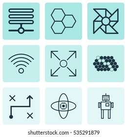 Set Of 9 Machine Learning Icons. Includes Atomic Cpu, Branching Program, Cyborg And Other Symbols. Beautiful Design Elements.