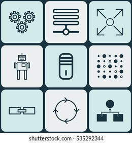 Set Of 9 Machine Learning Icons. Includes Branching Program, Analysis Diagram, Recurring Program And Other Symbols. Beautiful Design Elements.