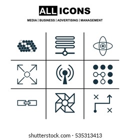 Set Of 9 Machine Learning Icons. Includes Branching Program, Related Information, Computing Problems And Other Symbols. Beautiful Design Elements.