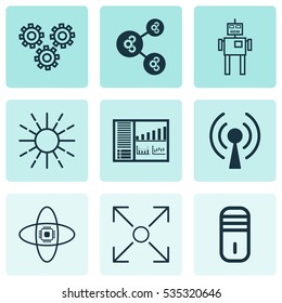 Set Of 9 Machine Learning Icons. Includes Cyborg, Mechanism Parts, Atomic Cpu And Other Symbols. Beautiful Design Elements.
