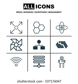 Set Of 9 Machine Learning Icons. Includes Analysis Diagram, Laptop Ventilator, Hive Pattern And Other Symbols. Beautiful Design Elements.