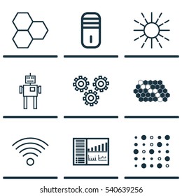 Set Of 9 Machine Learning Icons. Includes Lightness Mode, Hive Pattern, Variable Architecture And Other Symbols. Beautiful Design Elements.