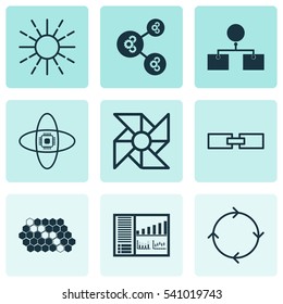 Set Of 9 Machine Learning Icons. Includes Recurring Program, Hive Pattern, Controlling Board And Other Symbols. Beautiful Design Elements.