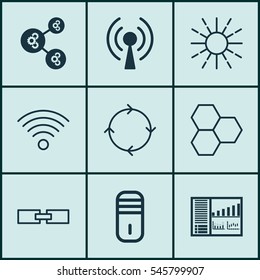 Set Of 9 Machine Learning Icons. Includes Mainframe, Controlling Board, Radio Waves And Other Symbols. Beautiful Design Elements.