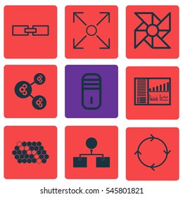 Set Of 9 Machine Learning Icons. Includes Laptop Ventilator, Controlling Board, Analysis Diagram And Other Symbols. Beautiful Design Elements.