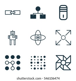 Set Of 9 Machine Learning Icons. Includes Branching Program, Atomic Cpu, Variable Architecture And Other Symbols. Beautiful Design Elements.