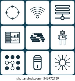 Set Of 9 Machine Learning Icons. Includes Cyborg, Controlling Board, Mainframe And Other Symbols. Beautiful Design Elements.