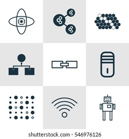 Set Of 9 Machine Learning Icons. Includes Wireless Communications, Mainframe, Hive Pattern And Other Symbols. Beautiful Design Elements.