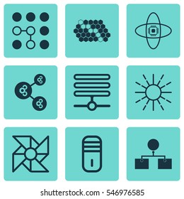Set Of 9 Machine Learning Icons. Includes Information Base, Mainframe, Atomic Cpu And Other Symbols. Beautiful Design Elements.