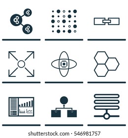 Set Of 9 Machine Learning Icons. Includes Analysis Diagram, Algorithm Illustration, Branching Program And Other Symbols. Beautiful Design Elements.