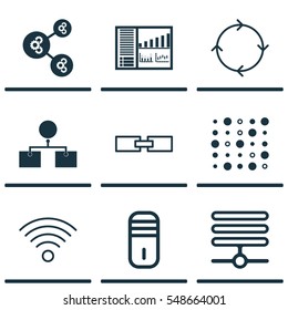Set Of 9 Machine Learning Icons. Includes Controlling Board, Information Base, Analysis Diagram And Other Symbols. Beautiful Design Elements.