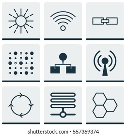 Set Of 9 Machine Learning Icons. Includes Information Base, Related Information, Radio Waves And Other Symbols. Beautiful Design Elements.