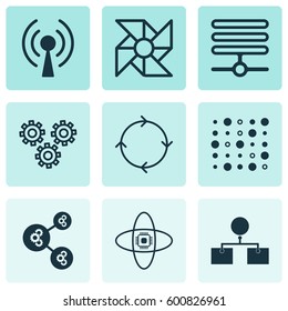 Set Of 9 Machine Learning Icons. Includes Information Base, Mechanism Parts, Analysis Diagram And Other Symbols. Beautiful Design Elements.