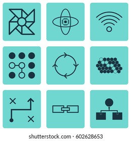 Set Of 9 Machine Learning Icons. Includes Solution, Laptop Ventilator, Atomic Cpu And Other Symbols. Beautiful Design Elements.