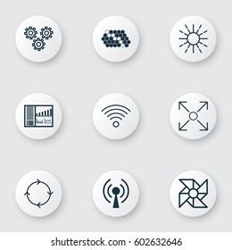 Set Of 9 Machine Learning Icons. Includes Hive Pattern, Recurring Program, Wireless Communications And Other Symbols. Beautiful Design Elements.