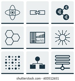 Set Of 9 Machine Learning Icons. Includes Variable Architecture, Algorithm Illustration, Controlling Board And Other Symbols. Beautiful Design Elements.