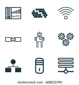 Set Of 9 Machine Learning Icons. Includes Related Information, Analysis Diagram, Mainframe And Other Symbols. Beautiful Design Elements.