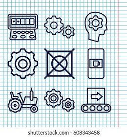 Set Of 9 Machine Outline Icons Such As Vending Machine, Tractor, Slot Machine, No Dry Cleaning, Gear In Head, Gear    Sign Symb, Conveyor