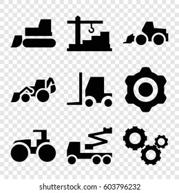 Set of 9 machinery filled icons such as excavator, tractor, crane, construction  crane