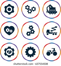 set of 9 machinery filled icons such as gear, tractor, crane, heart in gear, cargo crane