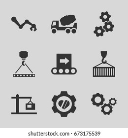  set of 9 machinery filled icons such as concrete mixer, hook with cargo, heart in gear 