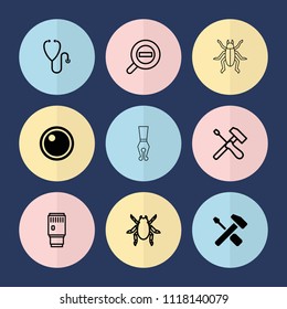Set of 9 macro filled and outline icons such as camera lense, beetle, screwdriver, zoom out, stethoscope
