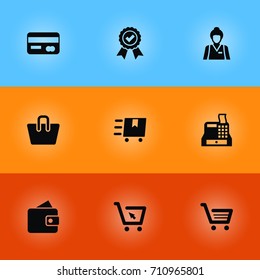 Set Of 9 Magazine Icons Set.Collection Of Cart, Handbag, Till Elements.