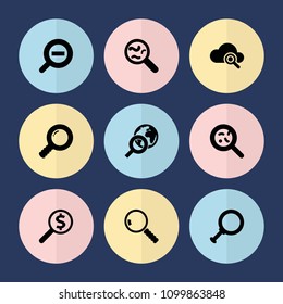 Set of 9 magnifying filled icons such as bacteria, zoom out, dollar search