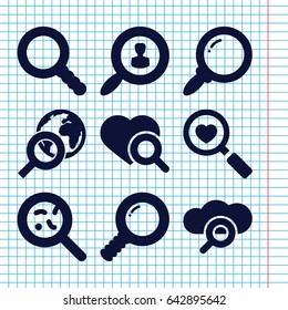 Set of 9 magnifying filled icons such as heart search, bacteria