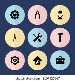 Set of 9 maintenance filled icons such as toolbox, pliers, heart in gear, home repair, hummer, worker