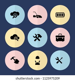Set of 9 maintenance filled icons such as toolbox, wrench and screwdriver, lawn mower, search cloud, ful battery, worker, hummer and wrench