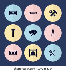 Set of 9 maintenance filled icons such as luggage storage, search cloud, ful battery, broken battery, wrench, pliers, hummer, hummer and wrench