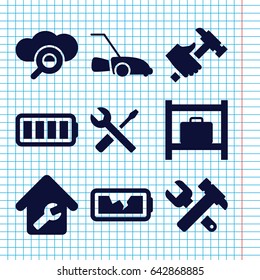 Set of 9 maintenance filled icons such as luggage storage, hummer and wrench, hummer, wrench and screwdriver, lawn mower, ful battery, broken battery, home repair