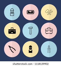 Set of 9 maintenance filled and outline icons such as worker, pliers, broken battery, toolbox, hummer