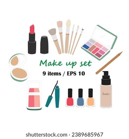 Set of 9 make up items color flat vector. Make up items illustration in cartoon style. Make up concept.