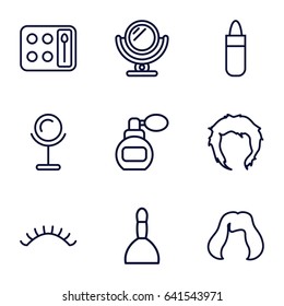Set of 9 makeup outline icons such as perfume, mirror, spa bag, lipstick, hairstyle, eyeshadow palette