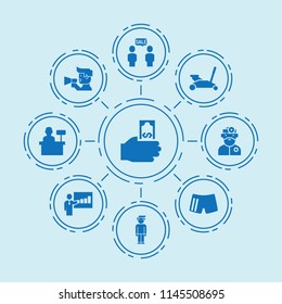 Set of 9 man filled icons such as lecturer, hand holding money, car jack, megaphone, man, sale, doctor, cashier