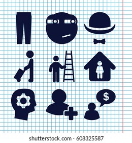 Set of 9 man filled icons such as man with luggage, pants, rolling eyes emoji, add friend, hat and moustache