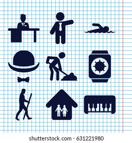 Set of 9 man filled icons such as piano toy, businessman, digging man, man working at the table, hat and moustache, family home, swimmer, caveman
