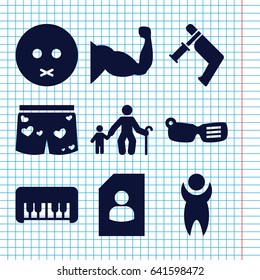 Set of 9 man filled icons such as piano toy, nail gun, sad emot, muscle, underwear with heart, man, smart glasses, resume