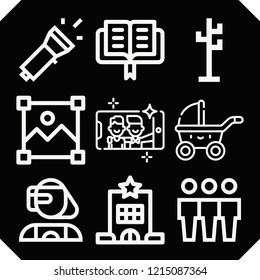 Set of 9 man outline icons such as image, cyborg, lectern, cloning, rack, selfie, hotel, stroller